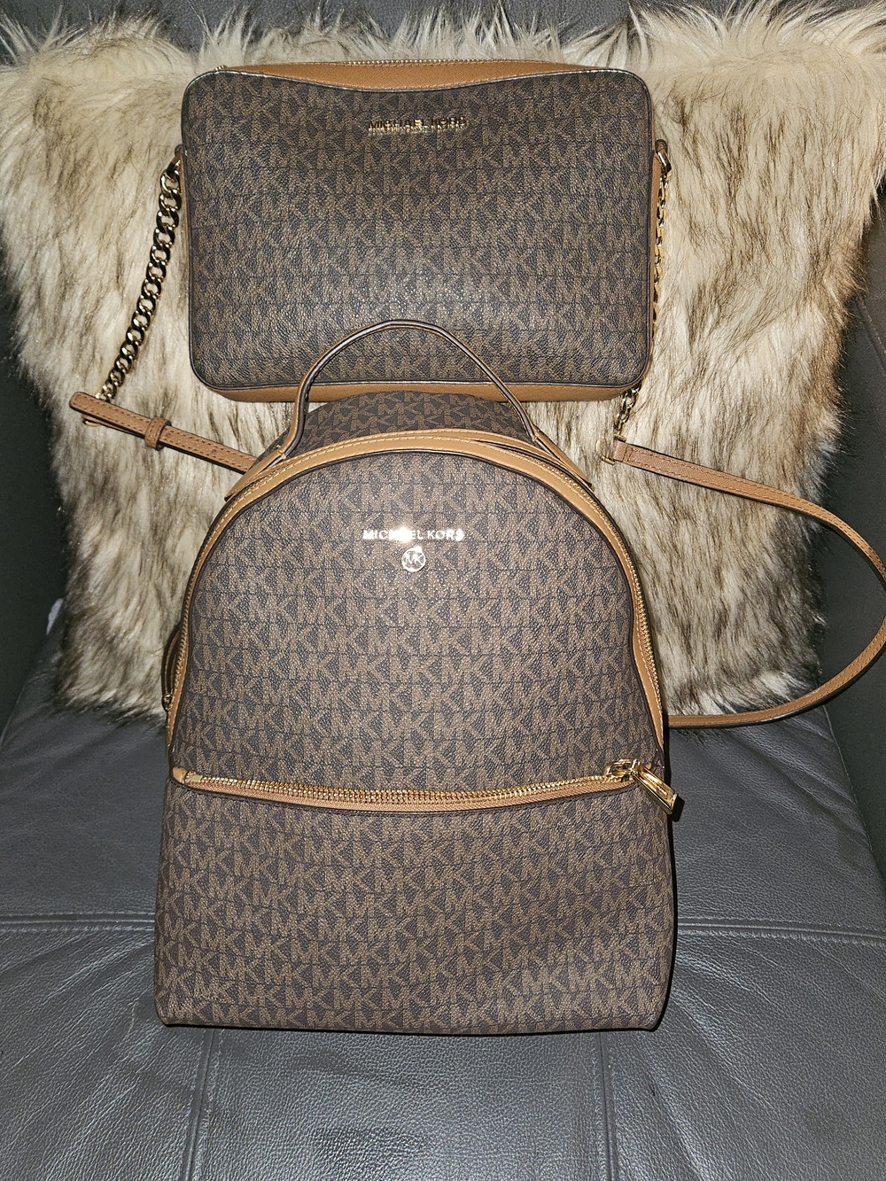 Michael Kors Brown Signature MK Monogram Mini Backpack & Crossbody Set